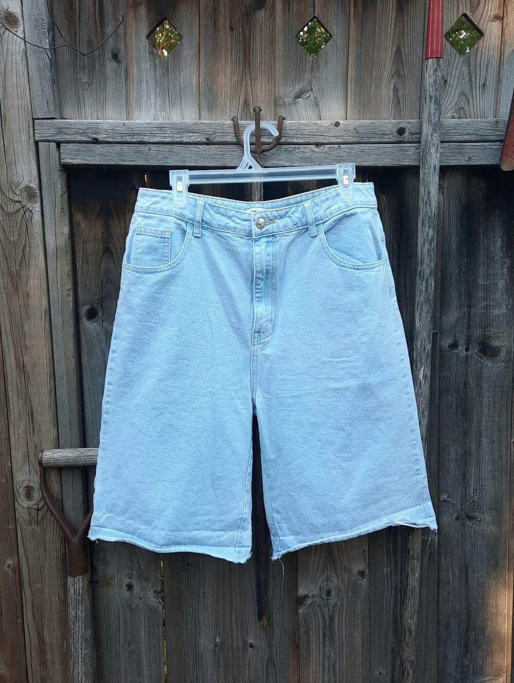 FOREVER 21 Faded Light Washed Blue Jean Long Cutoff Shirts, 5 Pockets, Zip
